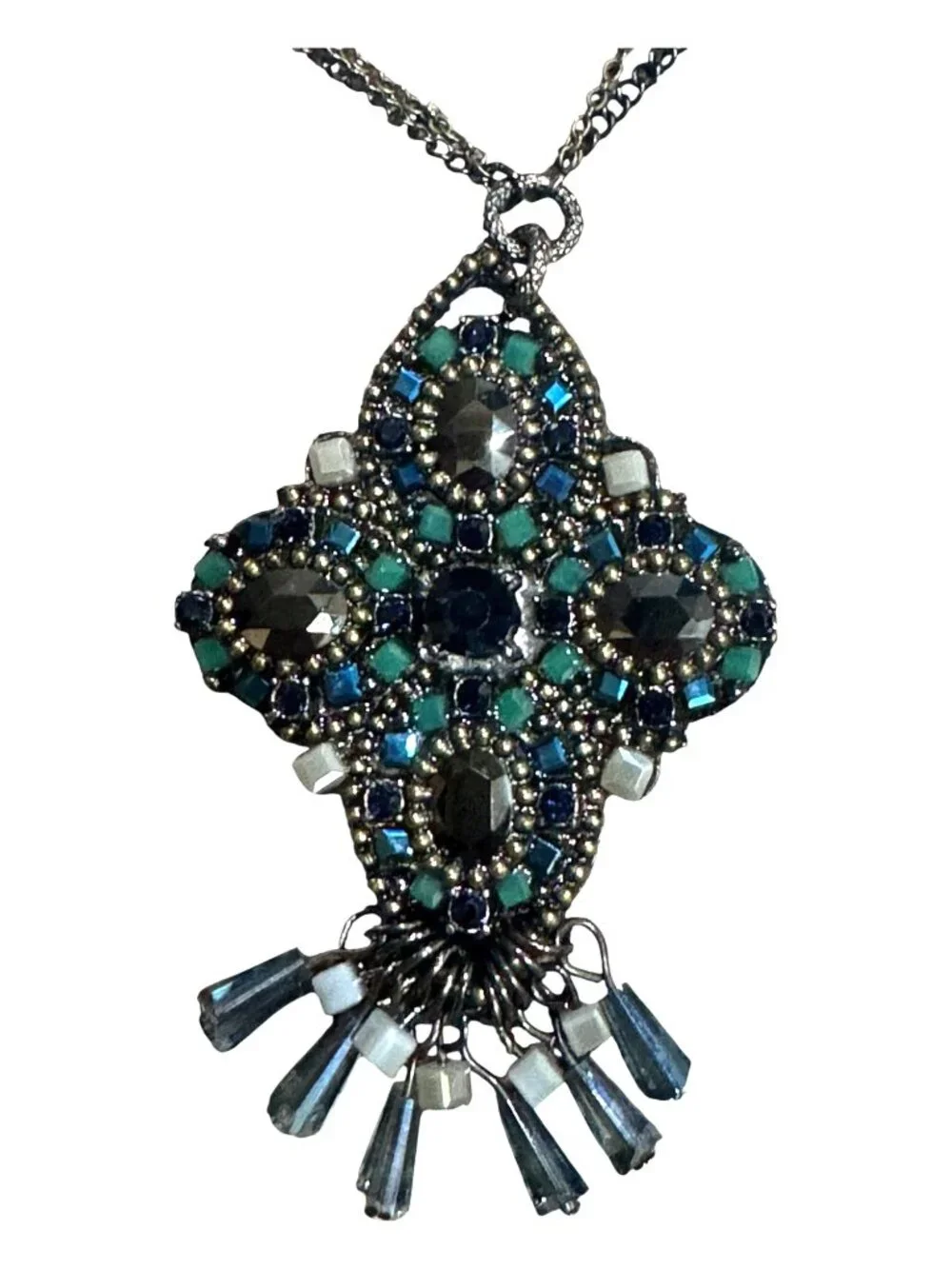 Vintage-Inspired Silver Necklace With Ornate Blue & Green Crystal Pendant